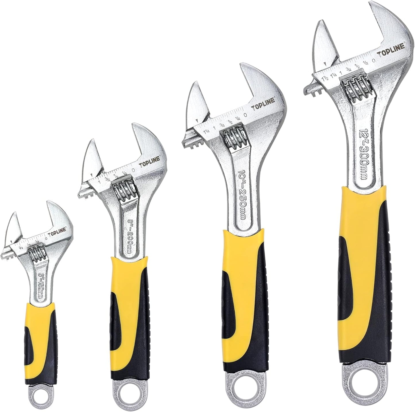 Topline 4-Piece Adjustable Wrench Set with Bi-Material Handles, 12-in, 10-in, 8-in, 6-in, Steel, TPR, Perfect for Basic Home Maintenance and General Applications