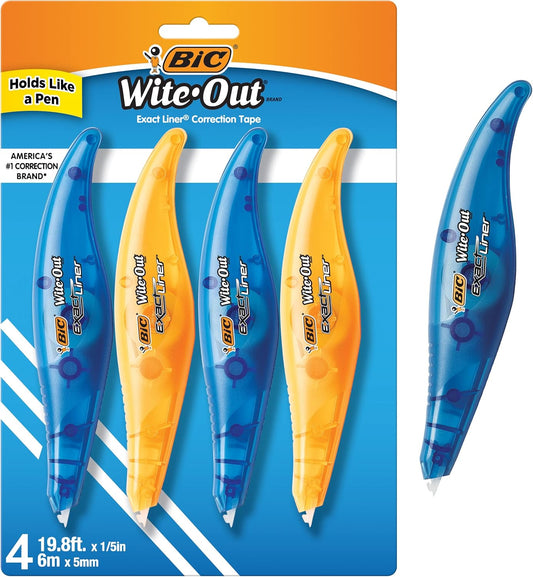 BIC Wite-Out Brand Exact Liner Correction Tape, 19.8 Feet, 4-Count Pack of white Correction Tape, Fast, Clean and Easy to Use Tear-Resistant Tape Office or School Supplies