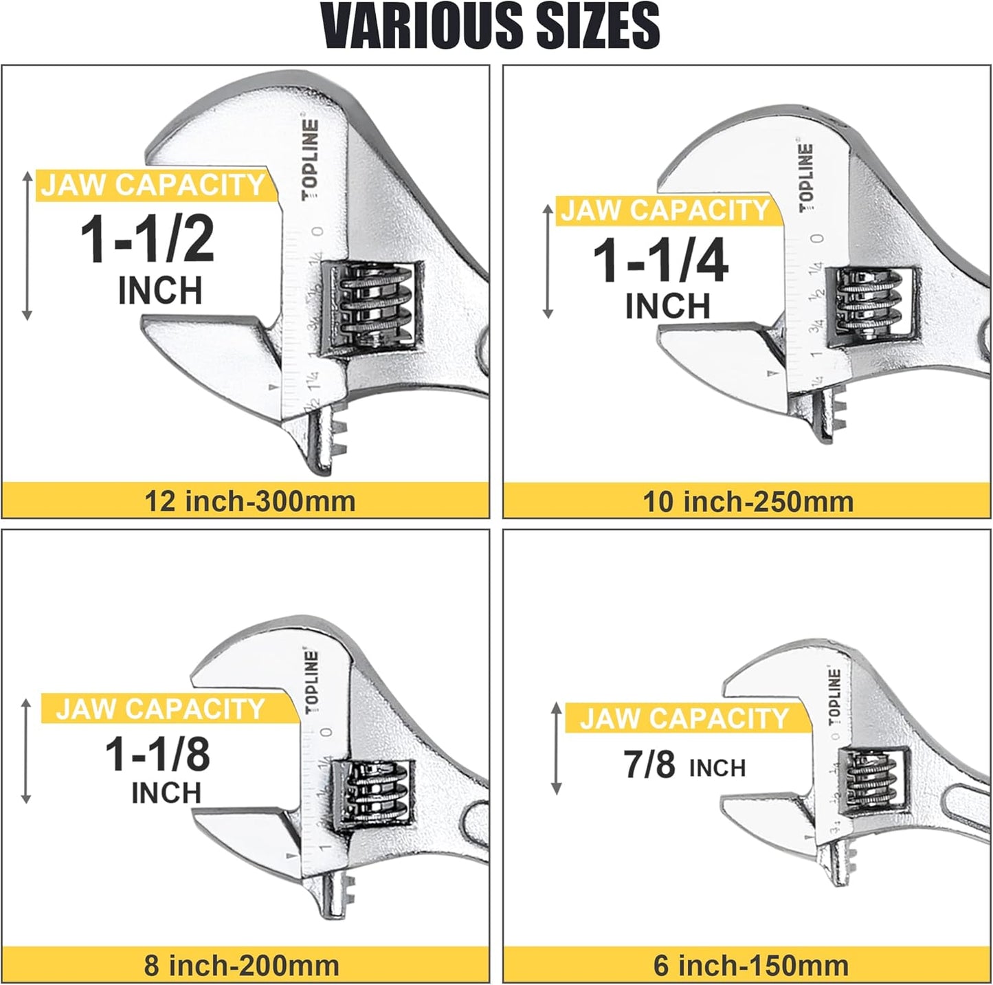 Topline 4-Piece Adjustable Wrench Set with Bi-Material Handles, 12-in, 10-in, 8-in, 6-in, Steel, TPR, Perfect for Basic Home Maintenance and General Applications