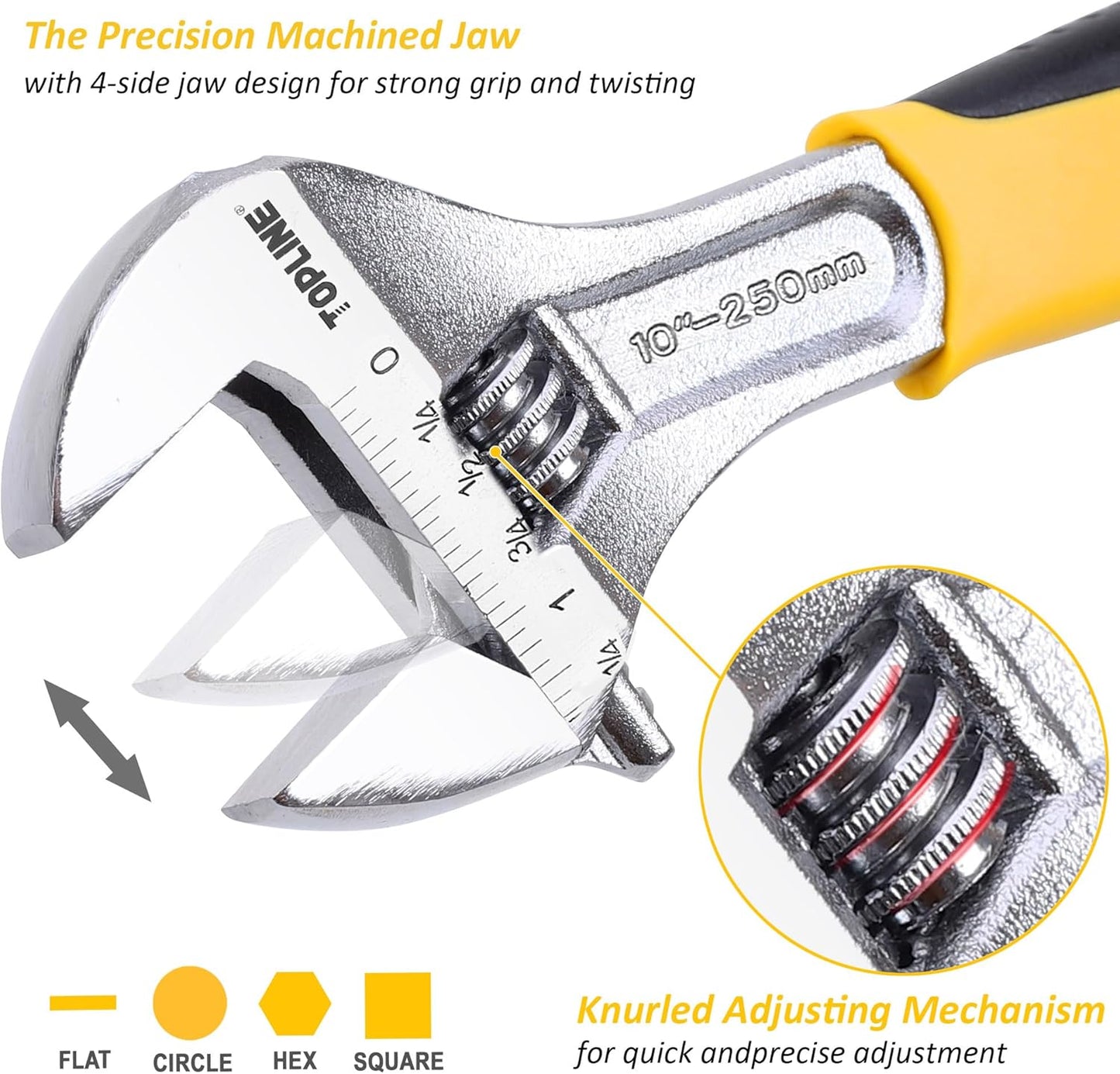 Topline 4-Piece Adjustable Wrench Set with Bi-Material Handles, 12-in, 10-in, 8-in, 6-in, Steel, TPR, Perfect for Basic Home Maintenance and General Applications