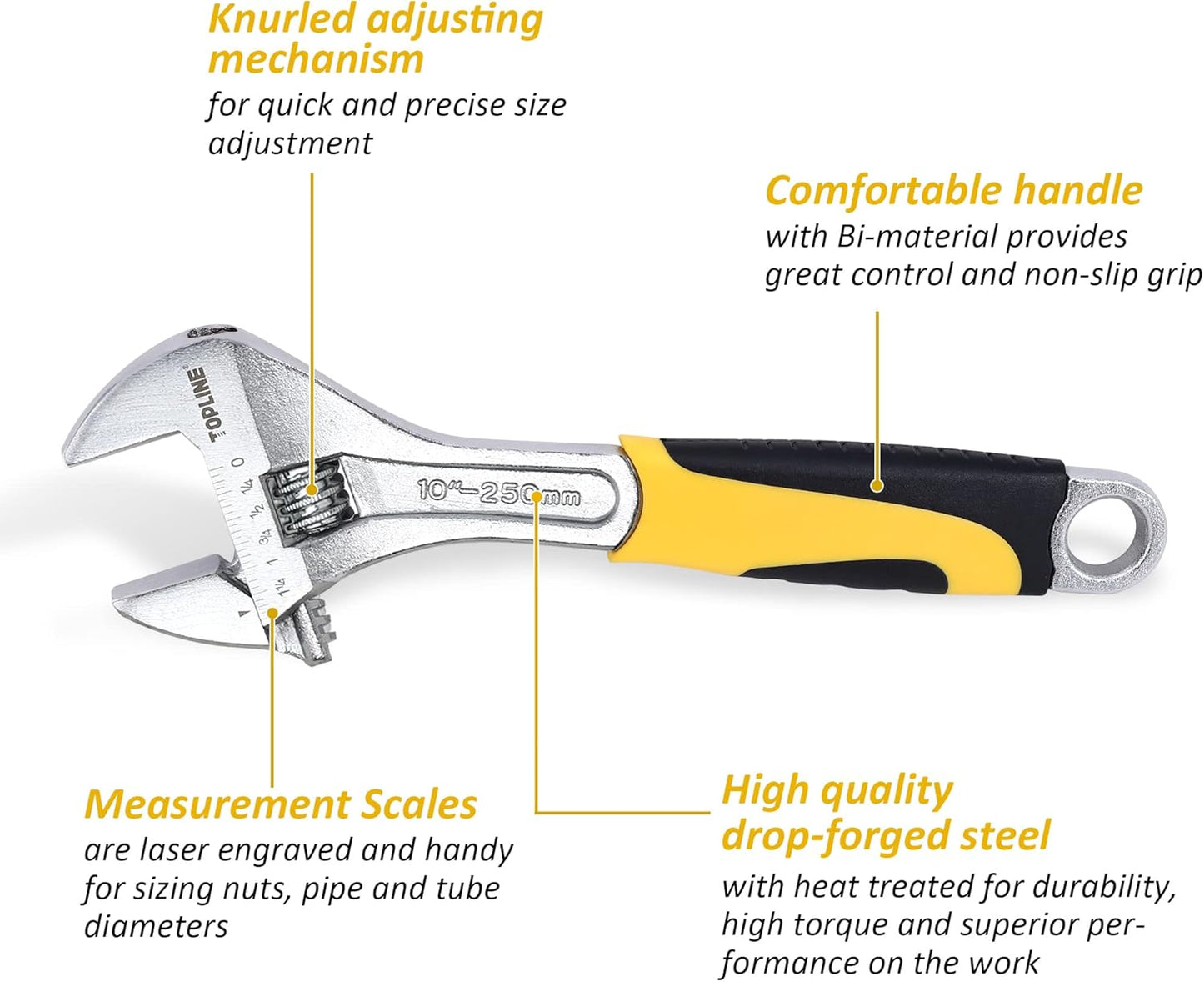 Topline 4-Piece Adjustable Wrench Set with Bi-Material Handles, 12-in, 10-in, 8-in, 6-in, Steel, TPR, Perfect for Basic Home Maintenance and General Applications