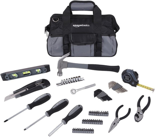 Amazon Basics 65 Piece Home Basic Repair Tool Kit Set With Bag, Silver, Black