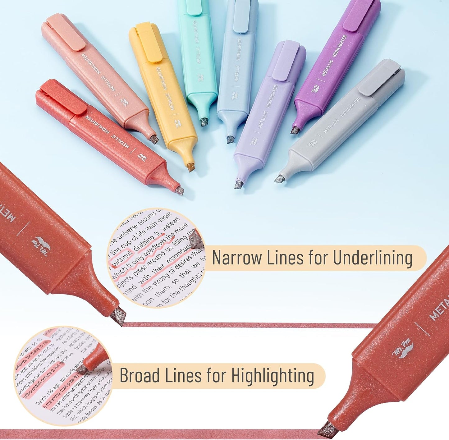 Mr. Pen- Glitter Highlighters, 8Pack, Metallic Colors, Chisel Tip Aesthetic Highlighters, Cute Highlighters for School, Highlighters Aesthetic, School Highlighters, Cute Markers