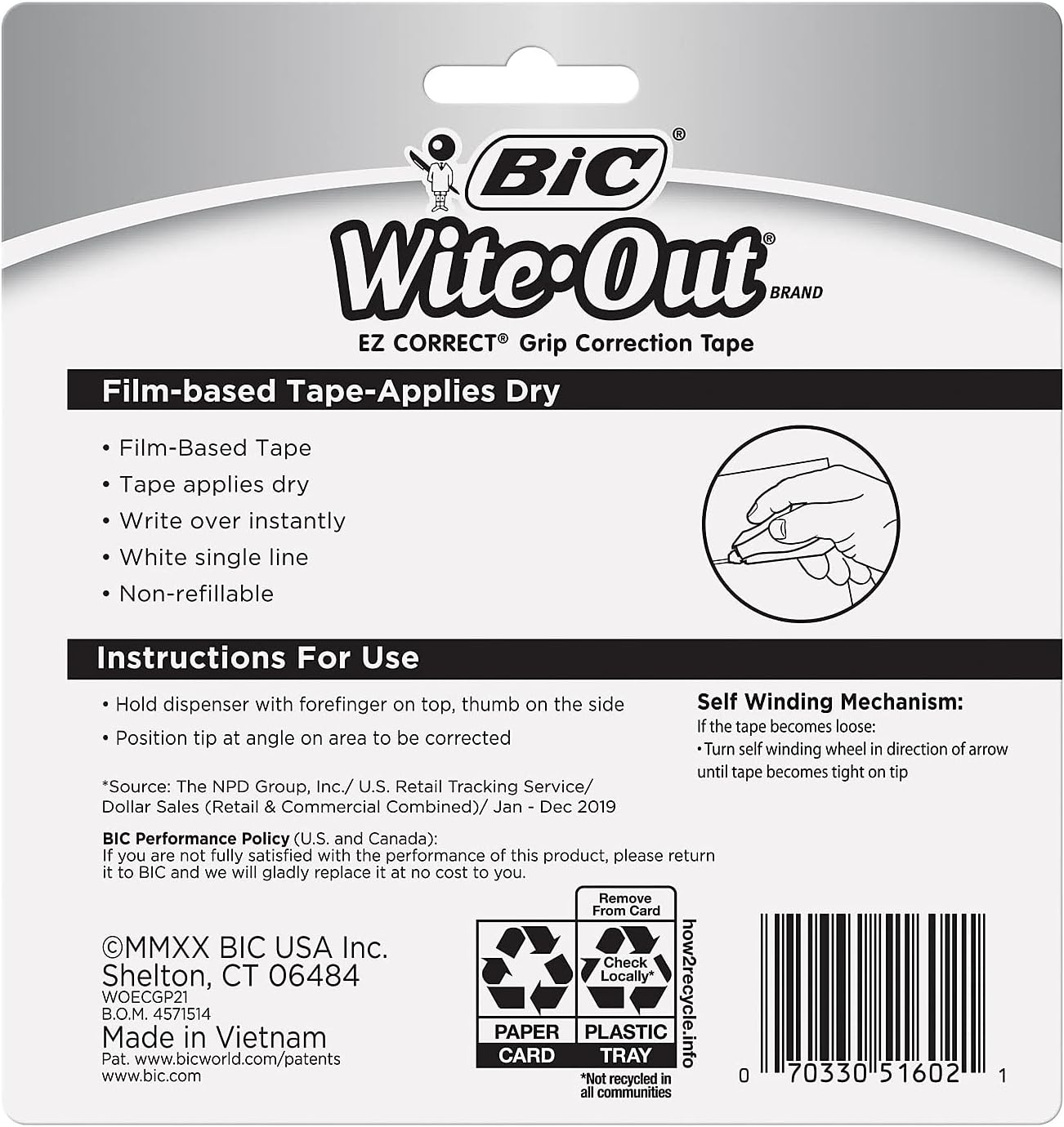 BIC Wite-Out Brand EZ Correct Grip Correction Tape, 33.5 Feet, 2-Count Pack of white Correction Tape, Fast, Clean and Easy to Use Tear-Resistant Tape Office or School Supplies