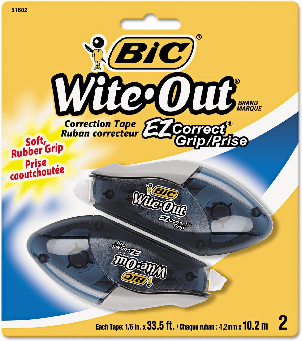 BIC Wite-Out Brand EZ Correct Grip Correction Tape, 33.5 Feet, 2-Count Pack of white Correction Tape, Fast, Clean and Easy to Use Tear-Resistant Tape Office or School Supplies