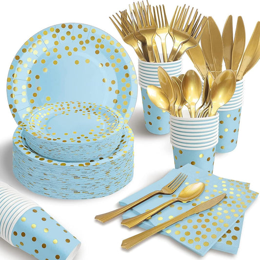 175Pcs Blue and Gold Party Decorations Serves 25 Blue Paper Plates