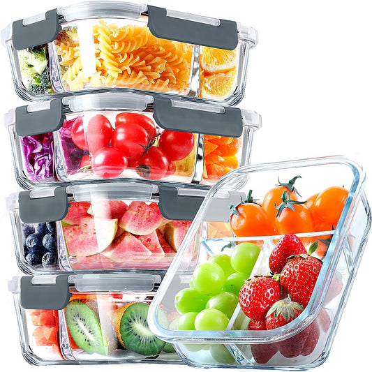 VERONES 5 Pack Glass Meal Prep Containers 3 Compartment Set