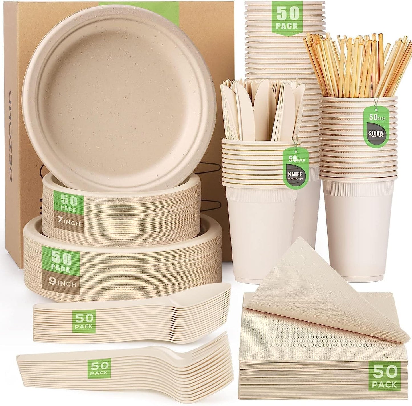 Gezond 400pcs Compostable Paper Plates Set Eco-friendly